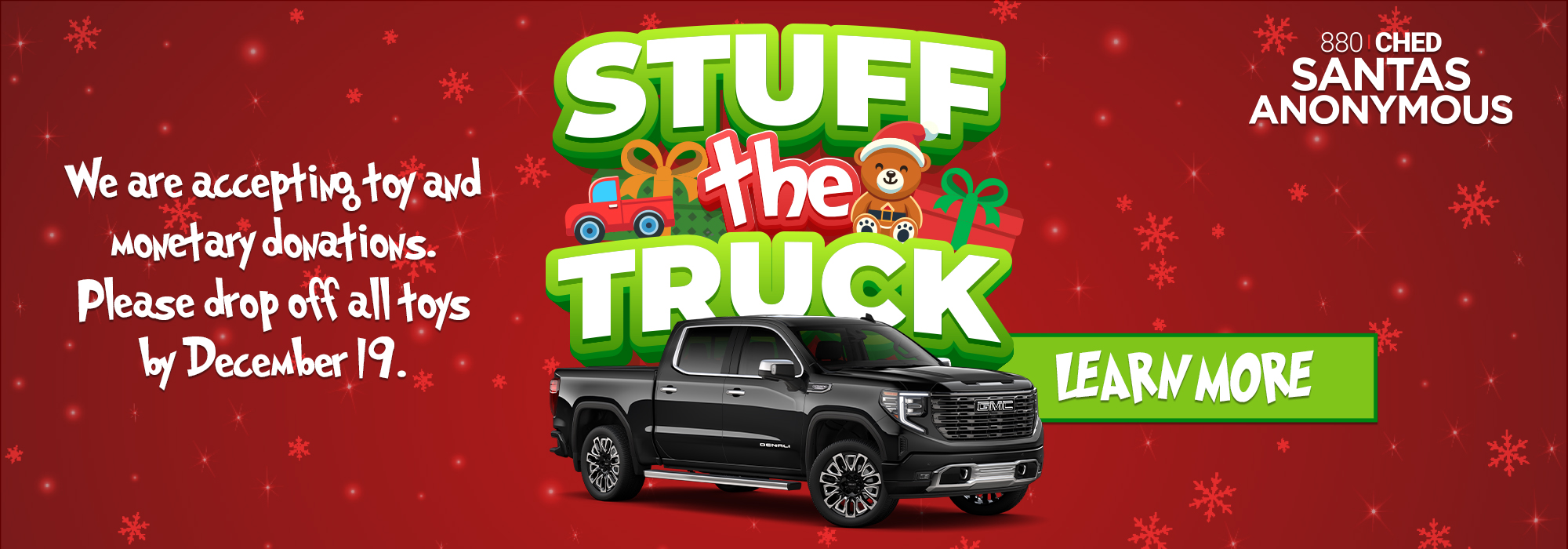 Red festive banner for "Stuff the Truck" toy donation event until December 19 with a GMC truck image.