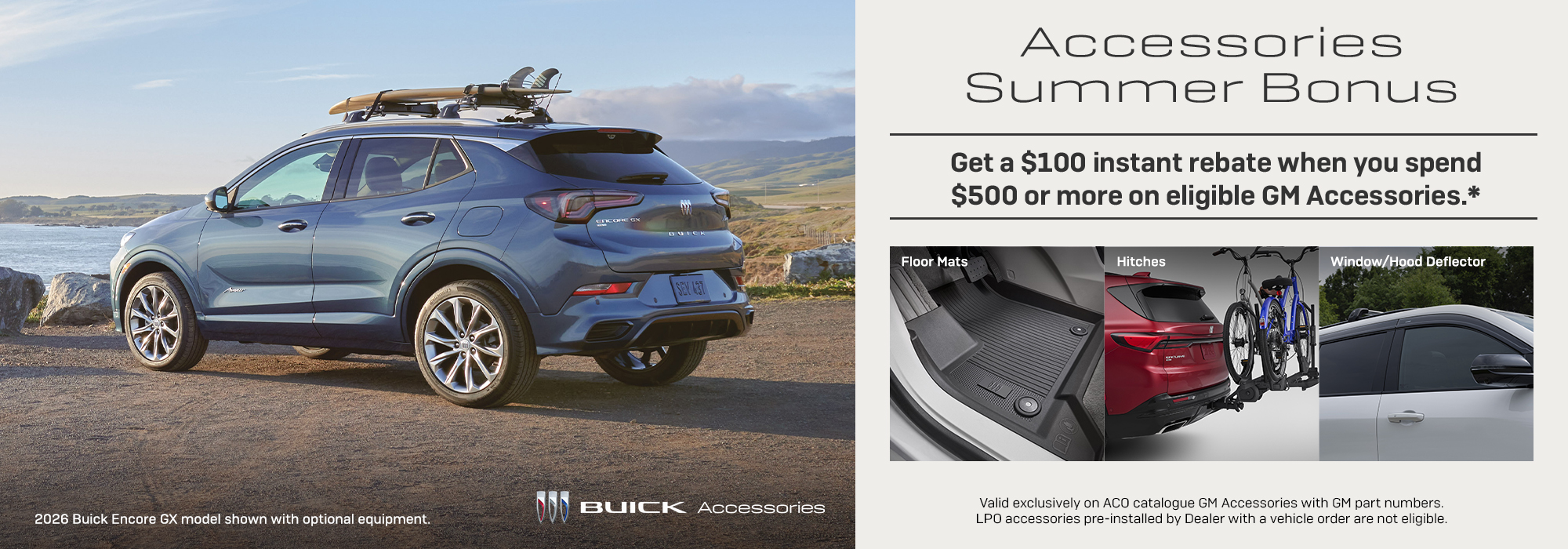 2026 Buick Encore GX in scenic setting with accessories bonus offer for spending $500 on GM parts.