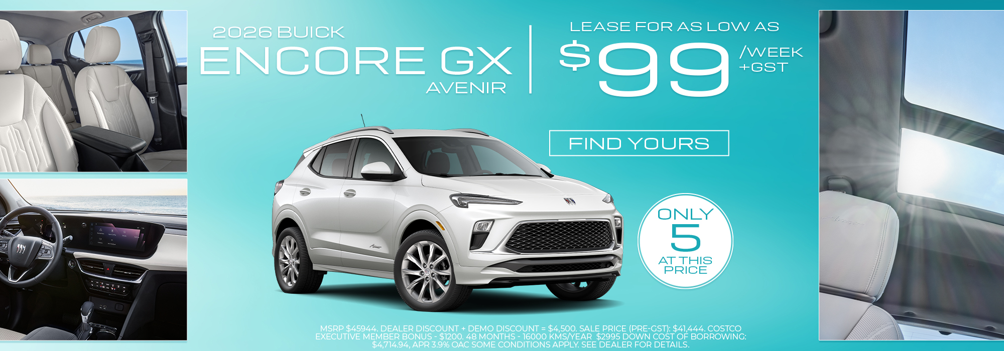 2026 Buick Encore GX Avenir advertisement highlighting car features and $99/week lease offer.