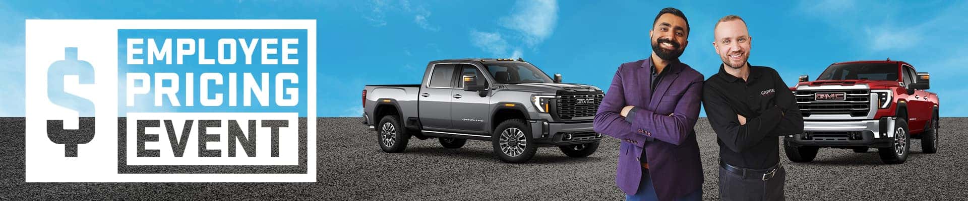 "Employee Pricing Event banner with two people, gray and red GMC trucks on gravel under a blue sky."