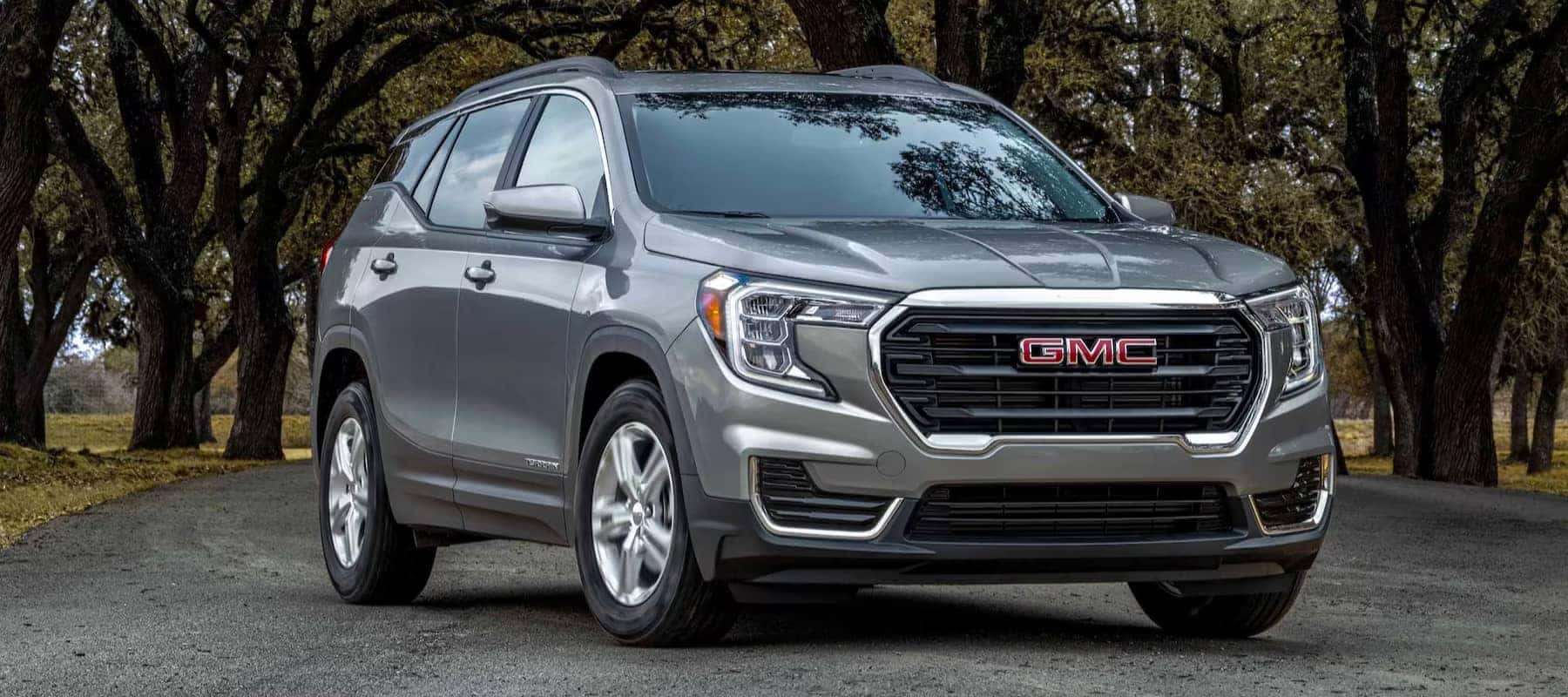 Silver GMC SUV parked on a tree-lined road, front view under daylight.