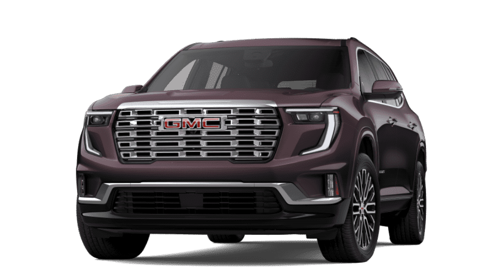 Maroon GMC SUV front view, showcasing a distinctive chrome grille and modern design.