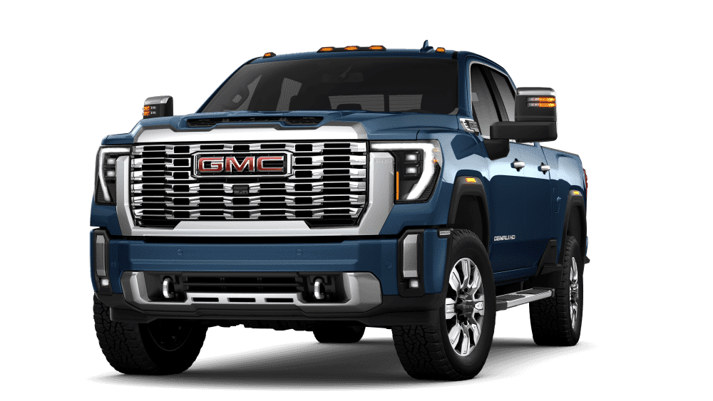 Blue GMC pickup truck, front view, showcasing a bold grille and headlights.