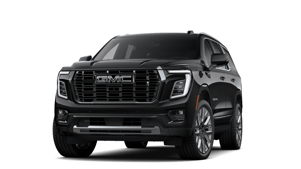Black GMC SUV with bold grille design and sleek headlights, front view.