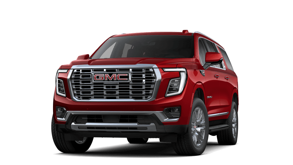 Red GMC SUV with chrome grille and sleek design, showcasing its robust and modern look.