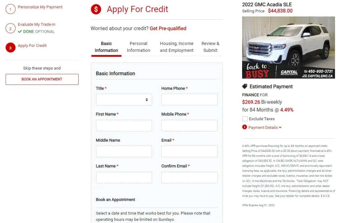 Credit application form for 2022 GMC Acadia SLE, priced at $44,838 with financing details.