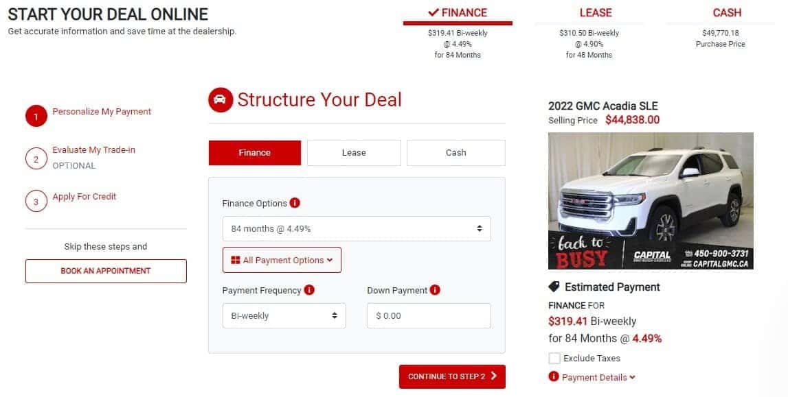 Online car finance page with options to structure a deal for a 2022 GMC Acadia SLE, priced at $44,838.