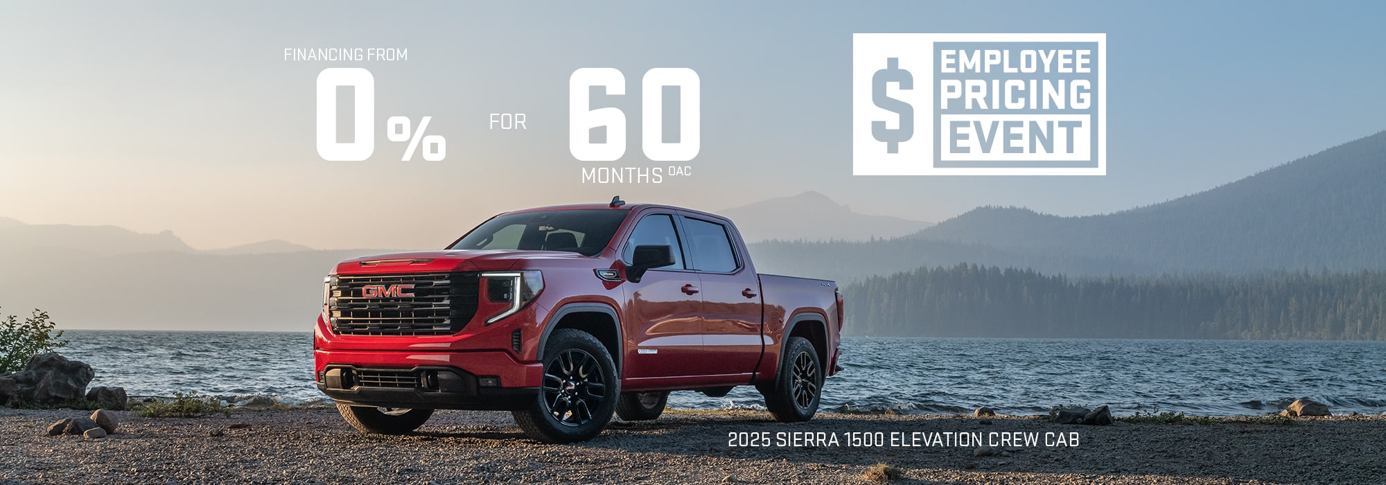 Red 2025 GMC Sierra 1500 Elevation Crew Cab by a lake. "0% financing for 60 months" promotion.