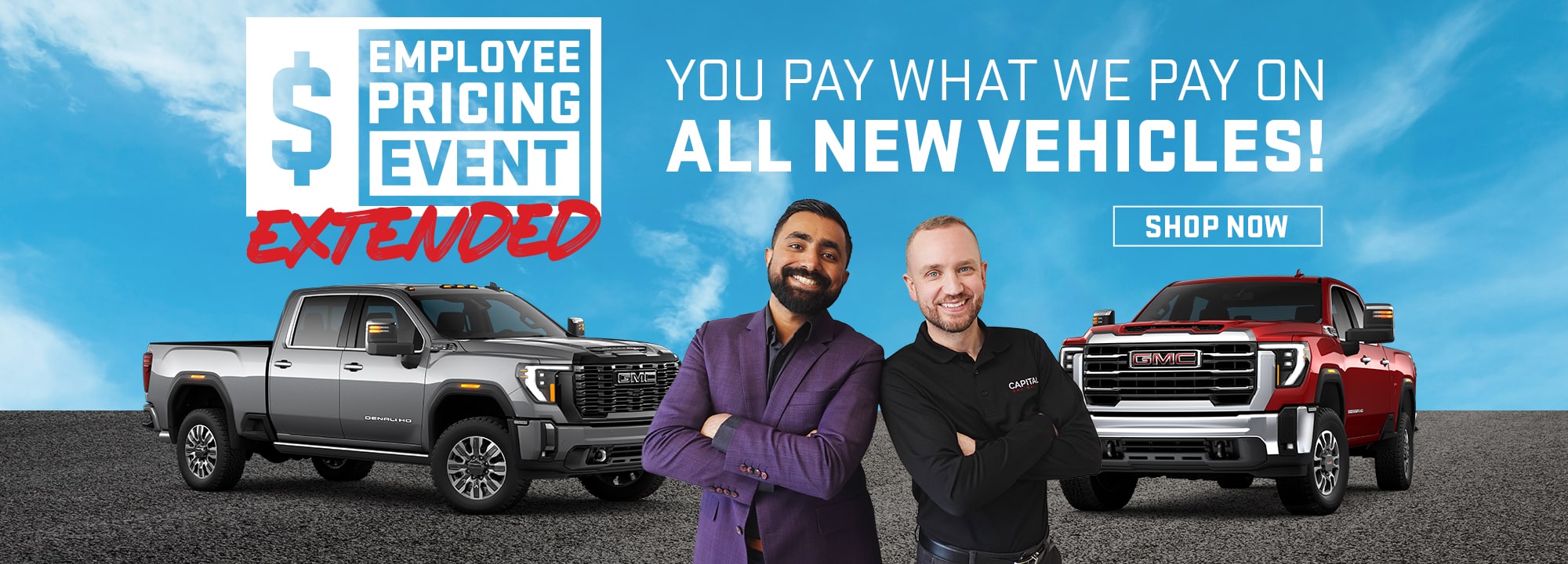 Employee pricing event ad with two trucks and two smiling men, promoting new vehicle deals.