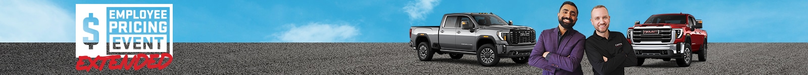 Two men stand in front of a grey and red pickup truck with "Employee Pricing Event Extended" text above.