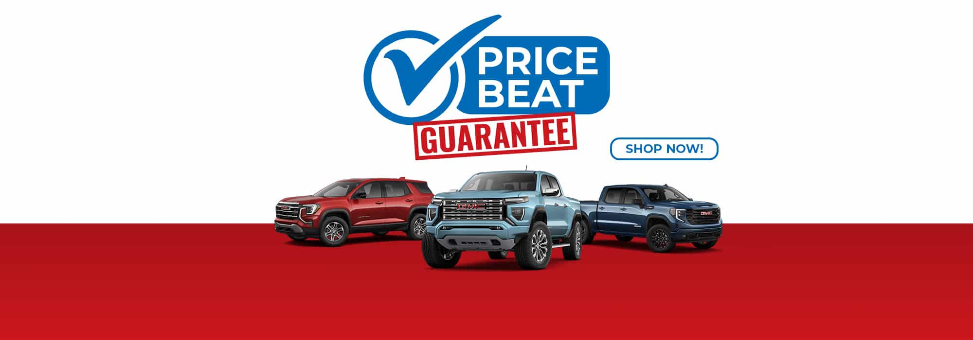 Three GMC trucks under "Price Beat Guarantee" banner with a "Shop Now" button. Red background.