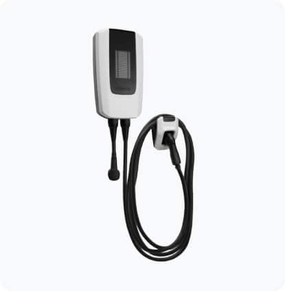 Electric vehicle wall charger with cable and plug, mounted on a white background.
