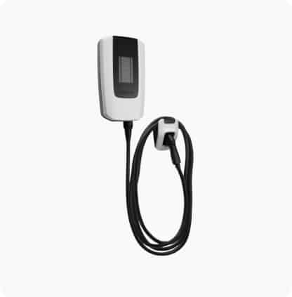 Wall-mounted electric vehicle charger with a coiled charging cable.