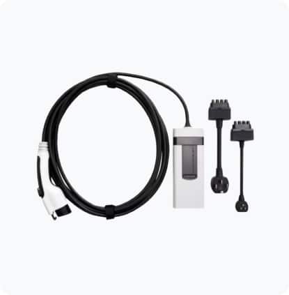 EV charging cable with connectors and a wall-mounted charge controller.