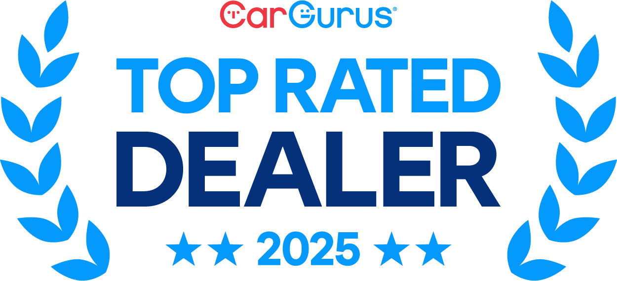 CarGurus Top Rated Dealer 2025 badge with laurel and star graphics.