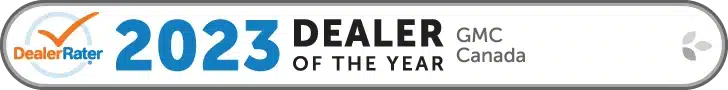 Award badge reading "2023 Dealer of the Year, GMC Canada" with DealerRater logo.