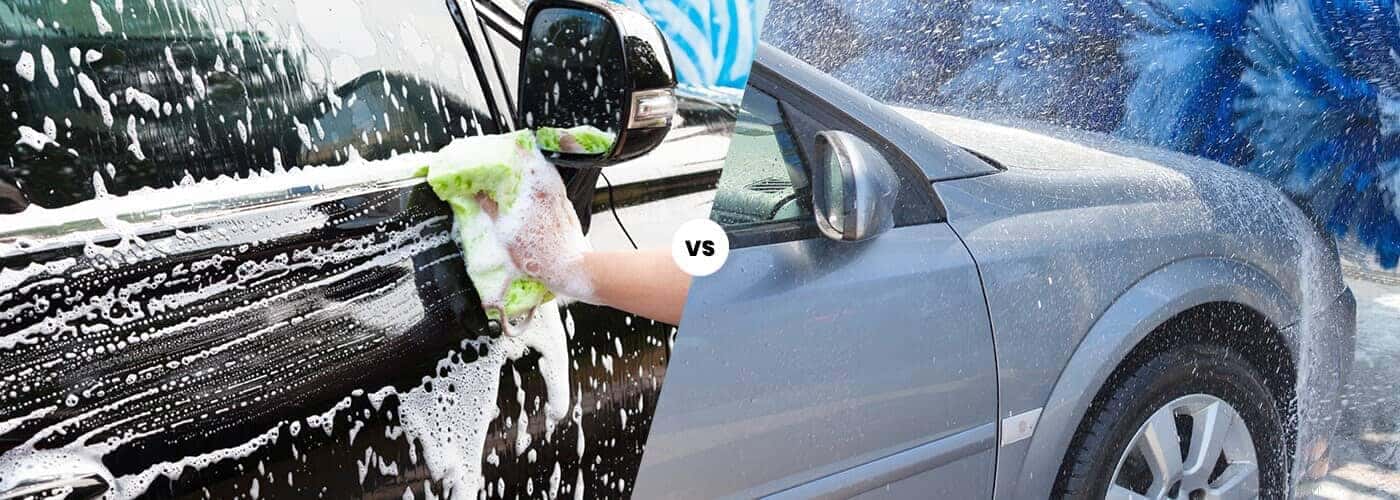 Hand washing vs. automatic car wash comparison, featuring a soap-covered black car and a silver car in a wash.