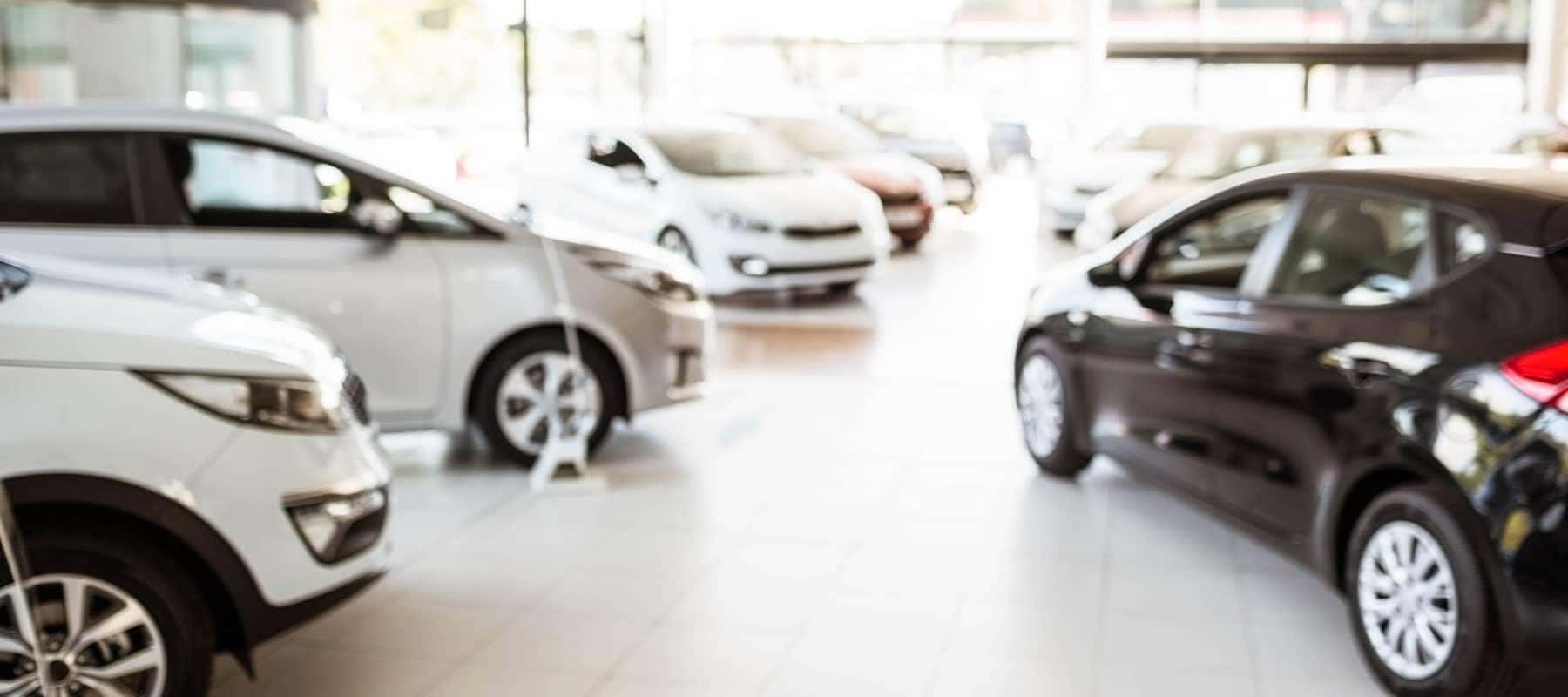 Cars displayed in a bright showroom, featuring diverse models parked indoors.