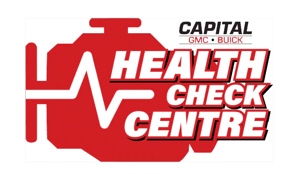 "Health Check Centre logo with a red engine shape and ECG line, for Capital GMC Buick."