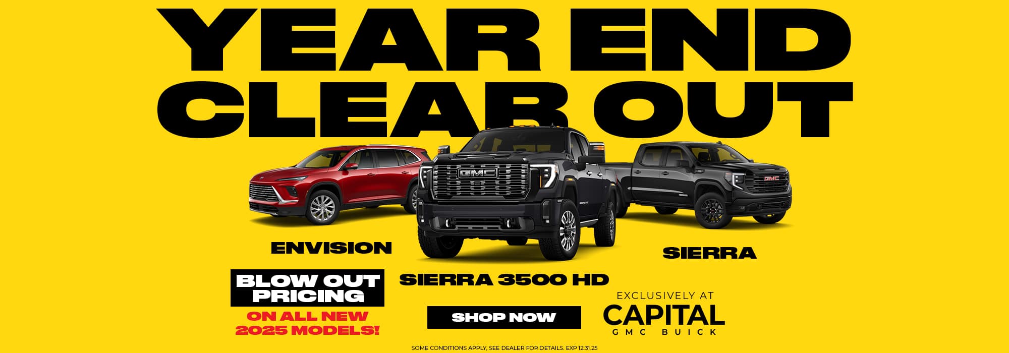Year-end car sale ad featuring GMC Envision and Sierra models with blowout pricing offer.