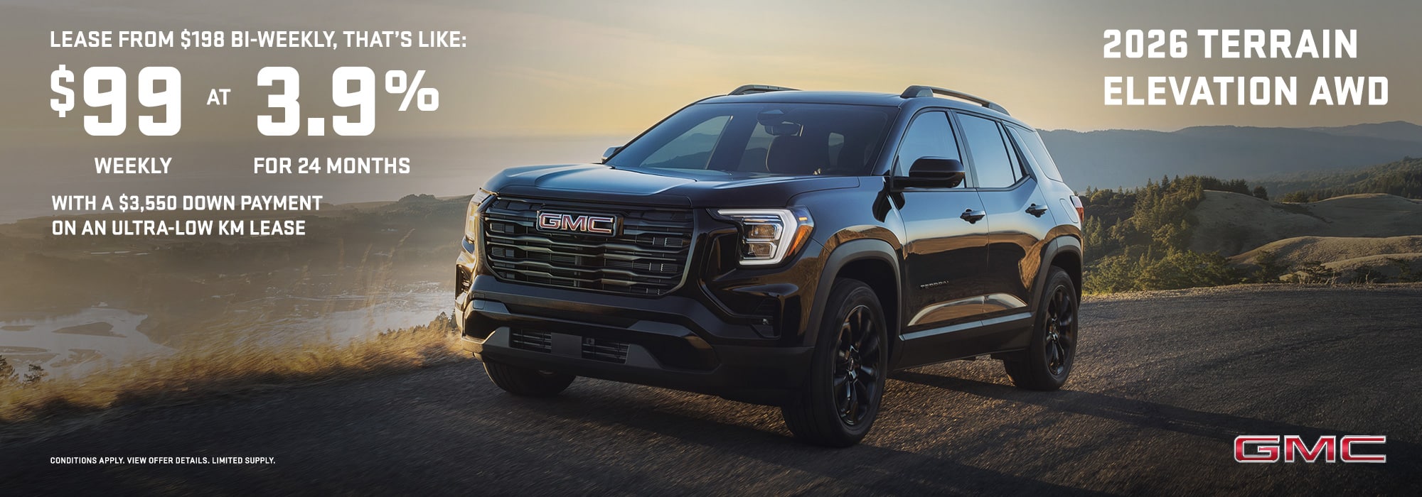 2026 GMC Terrain Elevation AWD leasing offer: $99 weekly at 3.9% for 24 months with $3,550 down.