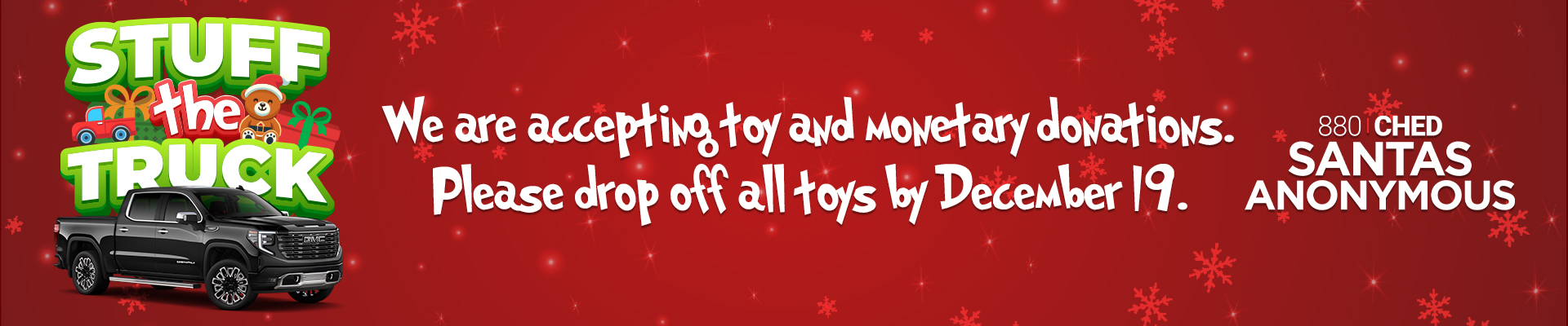 "Stuff the Truck banner promoting toy and monetary donations, deadline December 19, with festive decorations."