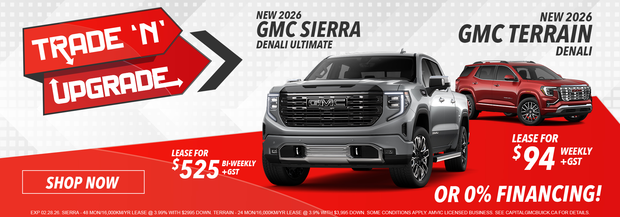 Trade 'N' Upgrade event with 2026 GMC Sierra and Terrain models. Lease offers start at $512 bi-weekly and $94 weekly.