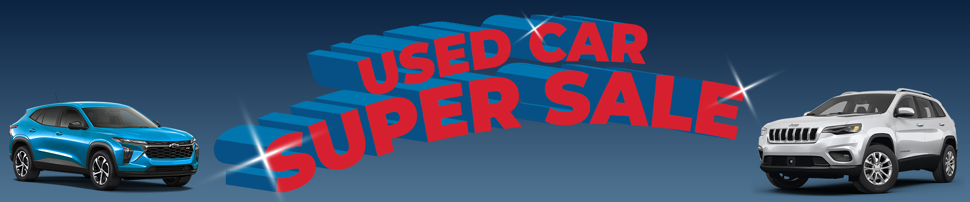 Blue and white SUVs flank bold "Used Car Super Sale" text on a dark background.