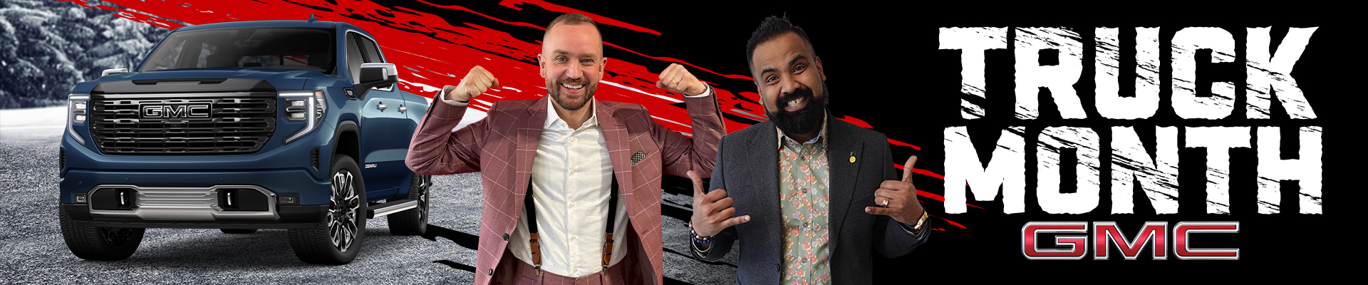 Blue GMC truck and two smiling men in suits with "Truck Month GMC" text on the right.