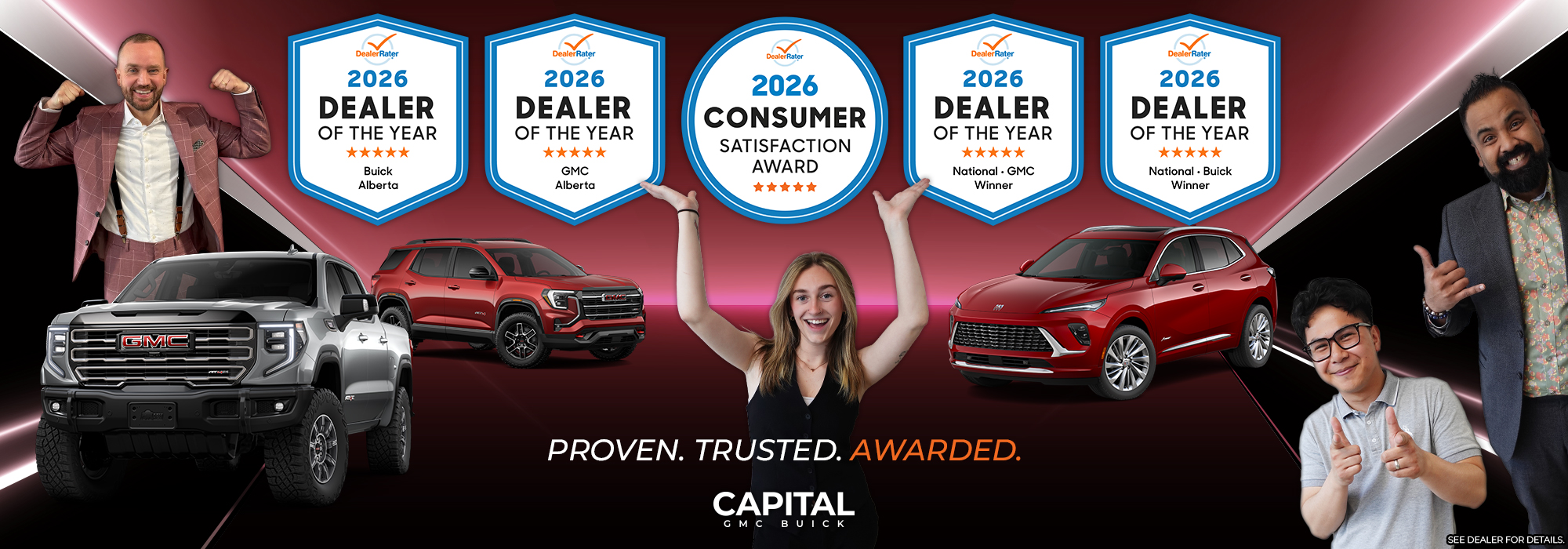 Five people celebrating around award badges for DealerRater 2026 wins, with two GMC vehicles.