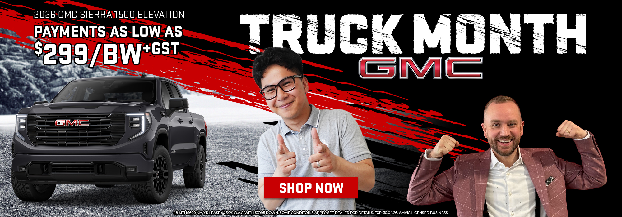 GMC Sierra 1500 Truck Month sale featuring $299/BW+GST offer with two smiling individuals and "Shop Now" button.