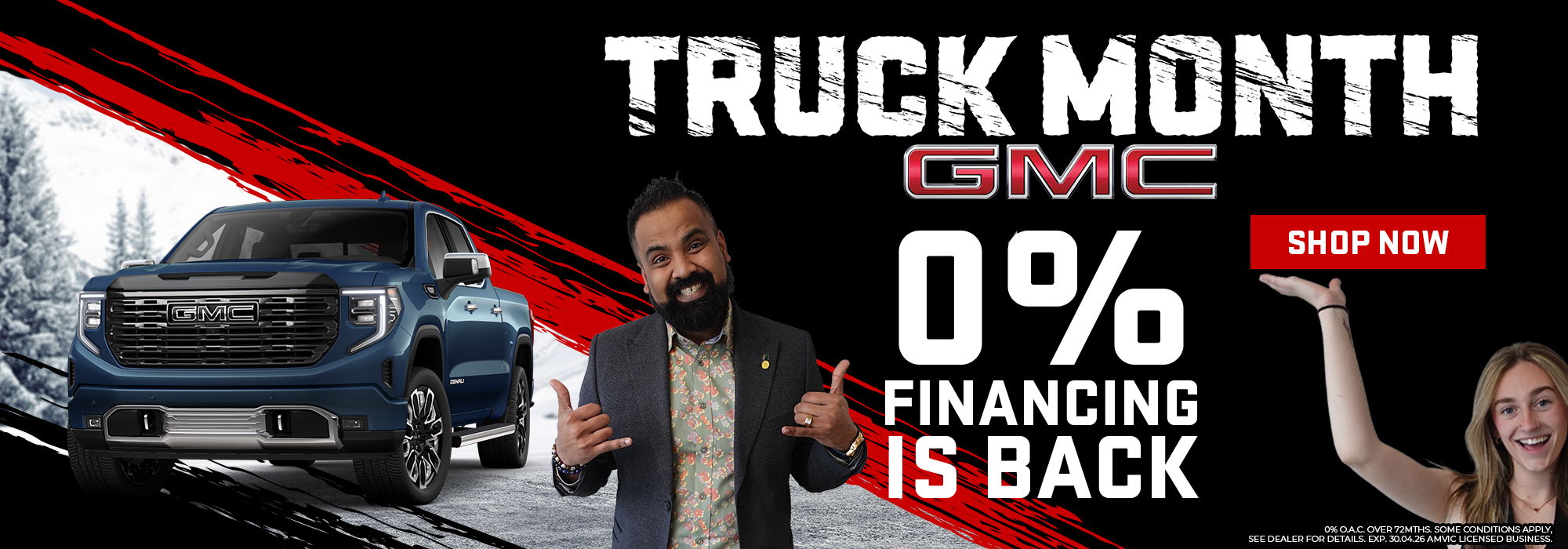 GMC Truck Month promotion with a blue truck, man pointing, and "0% financing is back" text. Shop now button included.