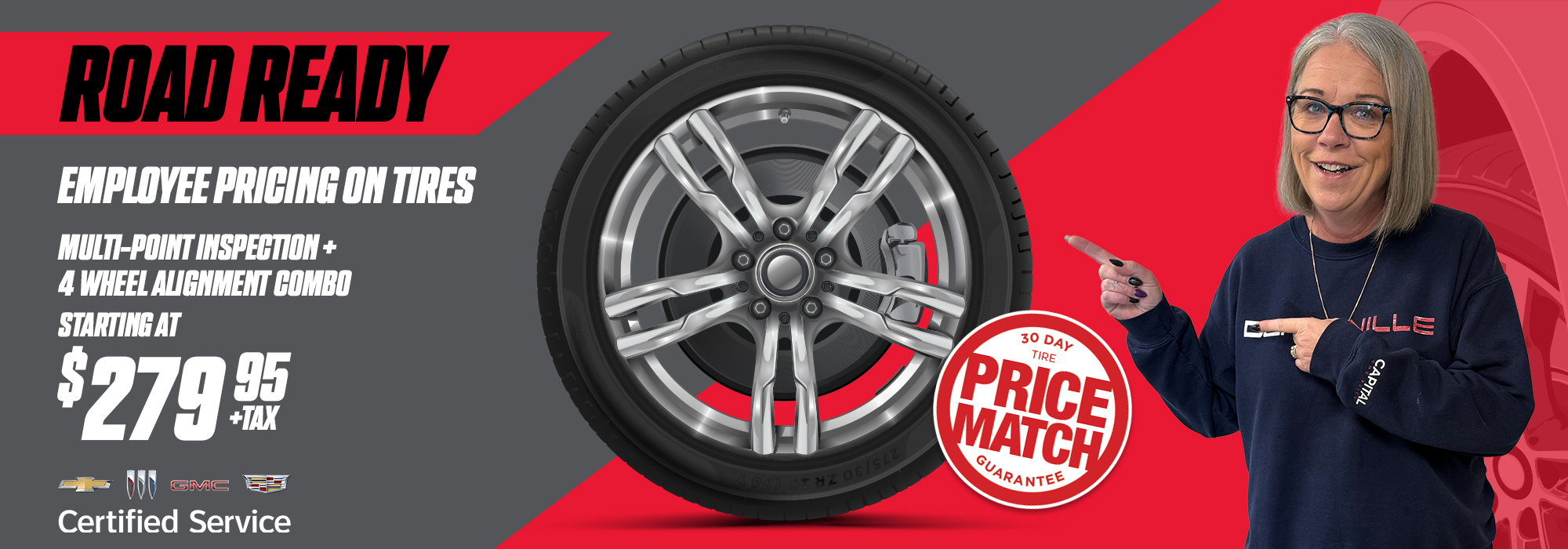 Promotional ad for tires with employee pricing, inspections, and price match offer starting at $279.95 plus tax.