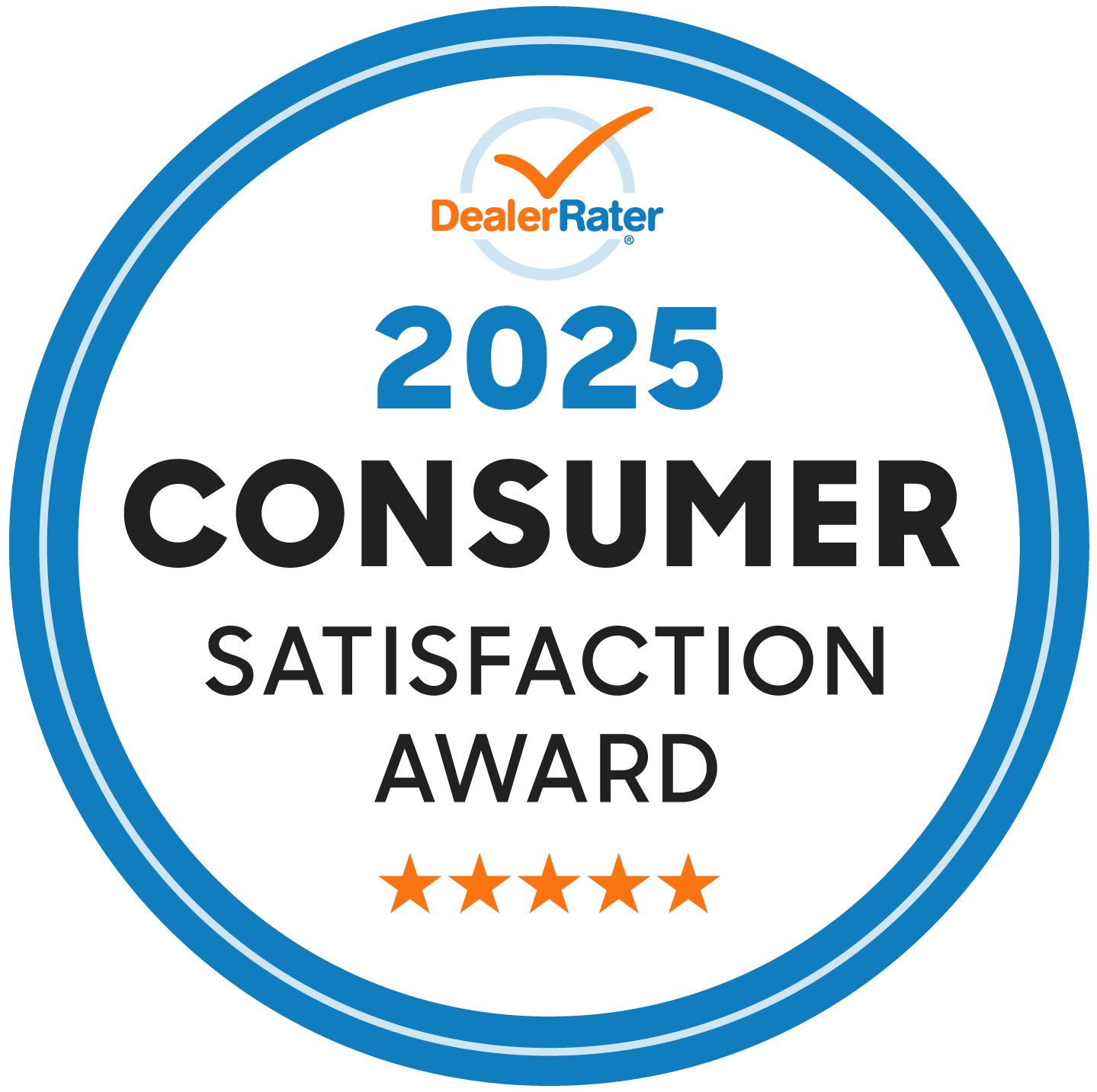 2025 DealerRater Consumer Satisfaction Award seal with five stars.