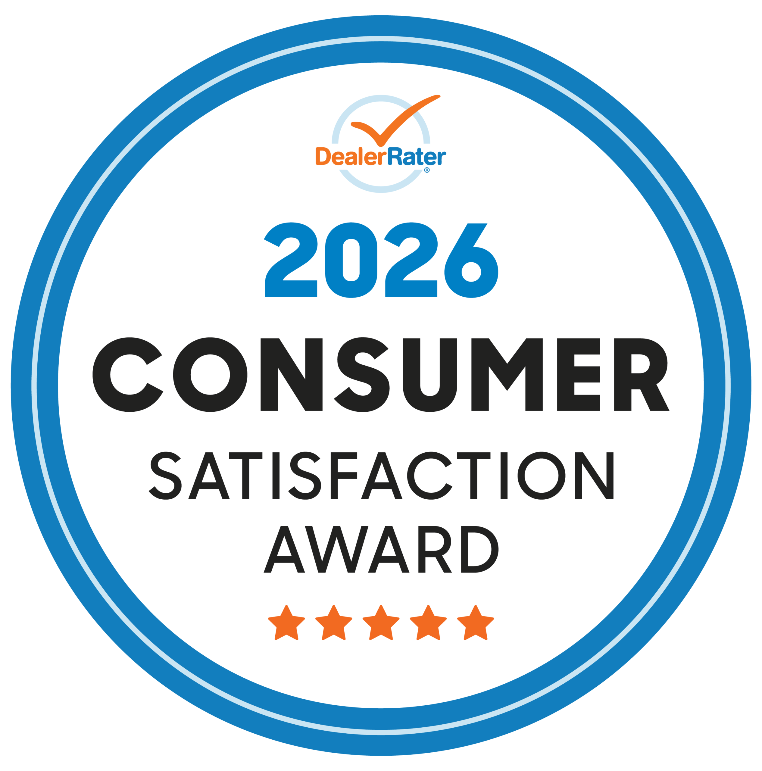 2026 DealerRater Consumer Satisfaction Award badge with five stars.