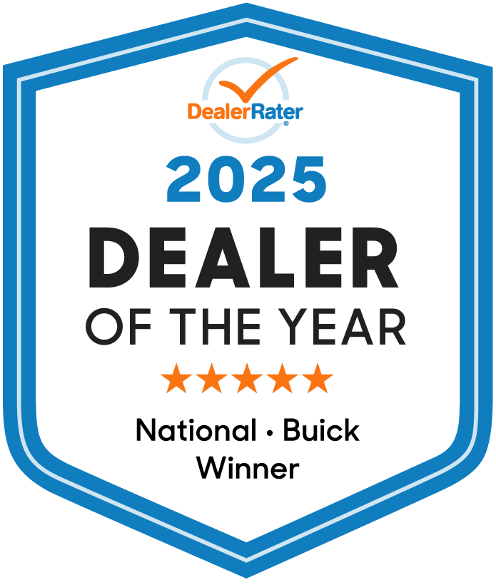 "2025 DealerRater Dealer of the Year award badge for National Buick Winner, featuring five stars."