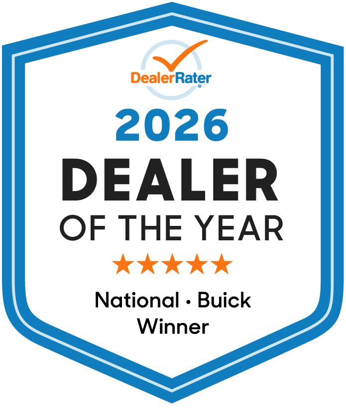 Badge for "2026 Dealer of the Year", awarded to a national Buick dealer by DealerRater.