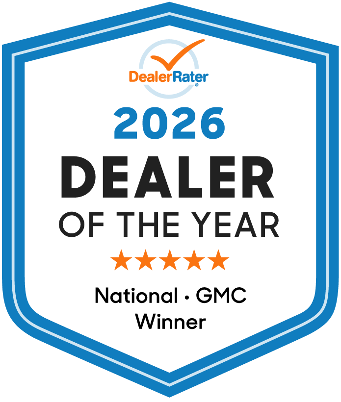 DealerRater 2026 Dealer of the Year badge for National GMC Winner with five stars.