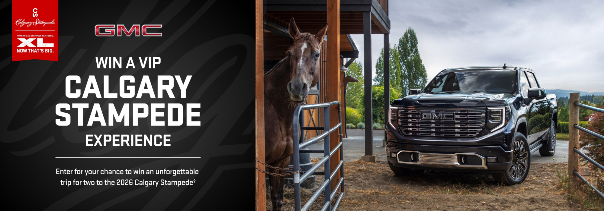 GMC vehicle next to a horse in a stable, promoting a VIP Calgary Stampede experience contest.