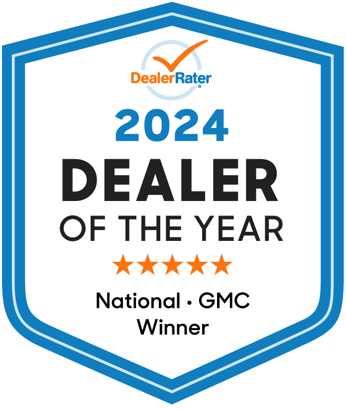 2024 Dealer of the Year badge, awarded by DealerRater to National GMC winner.
