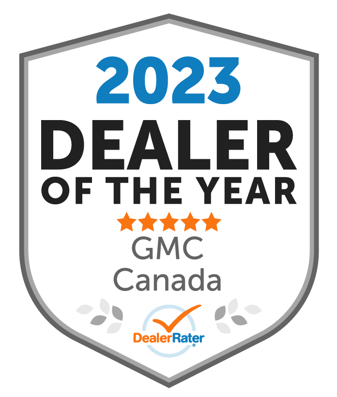 2023 GMC Canada Dealer of the Year award with DealerRater logo and five-star rating.