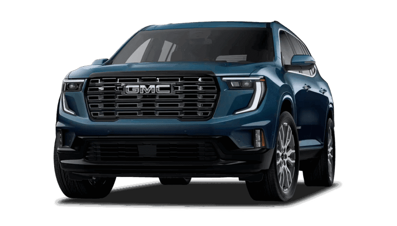 Black GMC SUV with bold grille design and sleek headlights, front view.