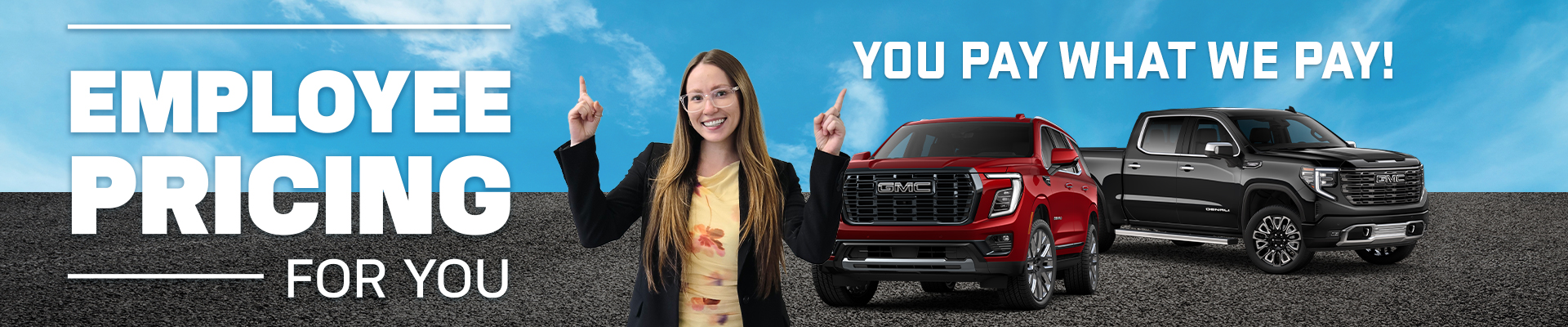 "Employee Pricing Event banner with two people, gray and red GMC trucks on gravel under a blue sky."